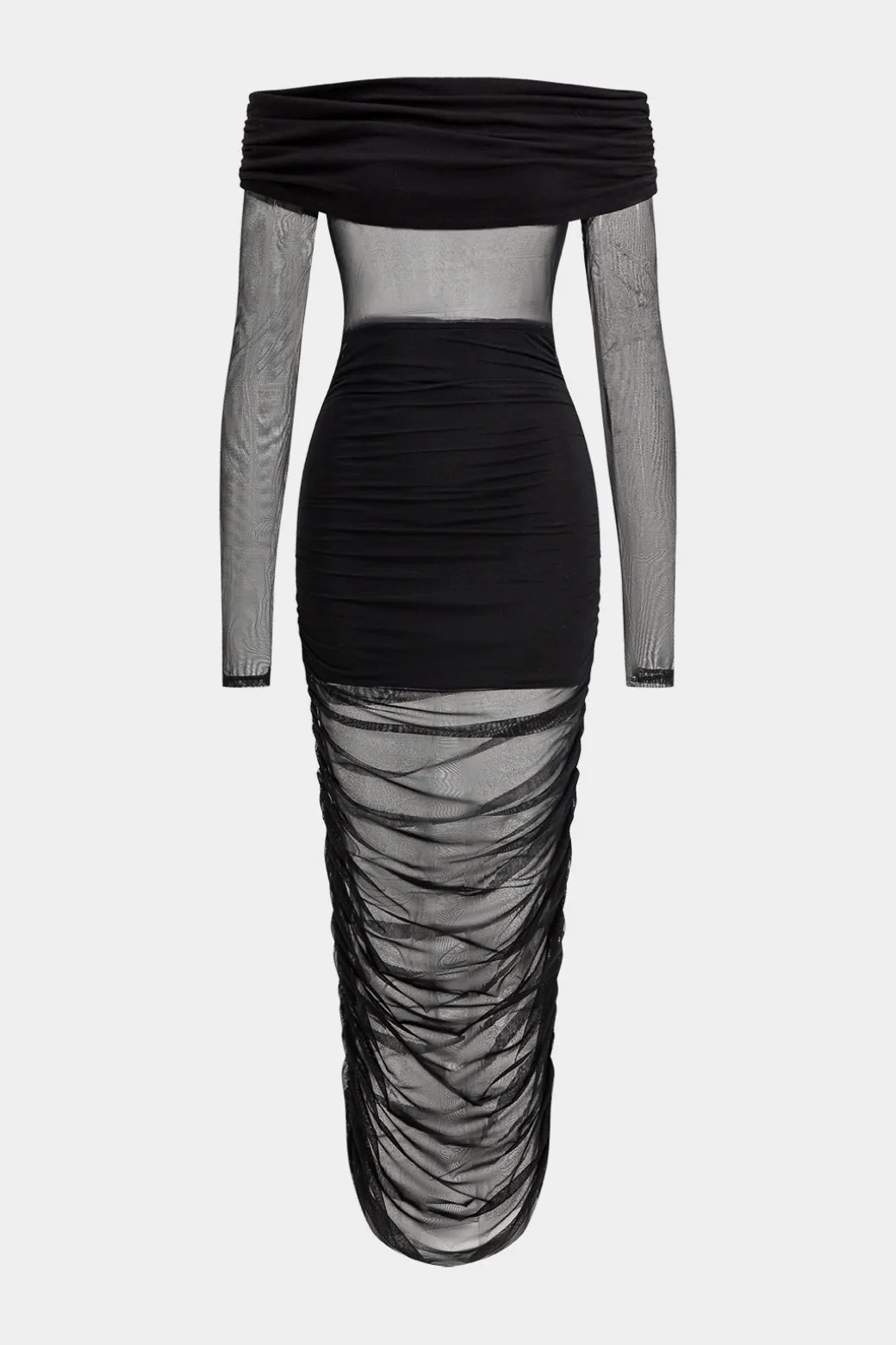 Online Mesh Patchwork Ruched Off Shoulder Long Sleeve Maxi Dress Long Sleeve Dresses | Maxi Dresses