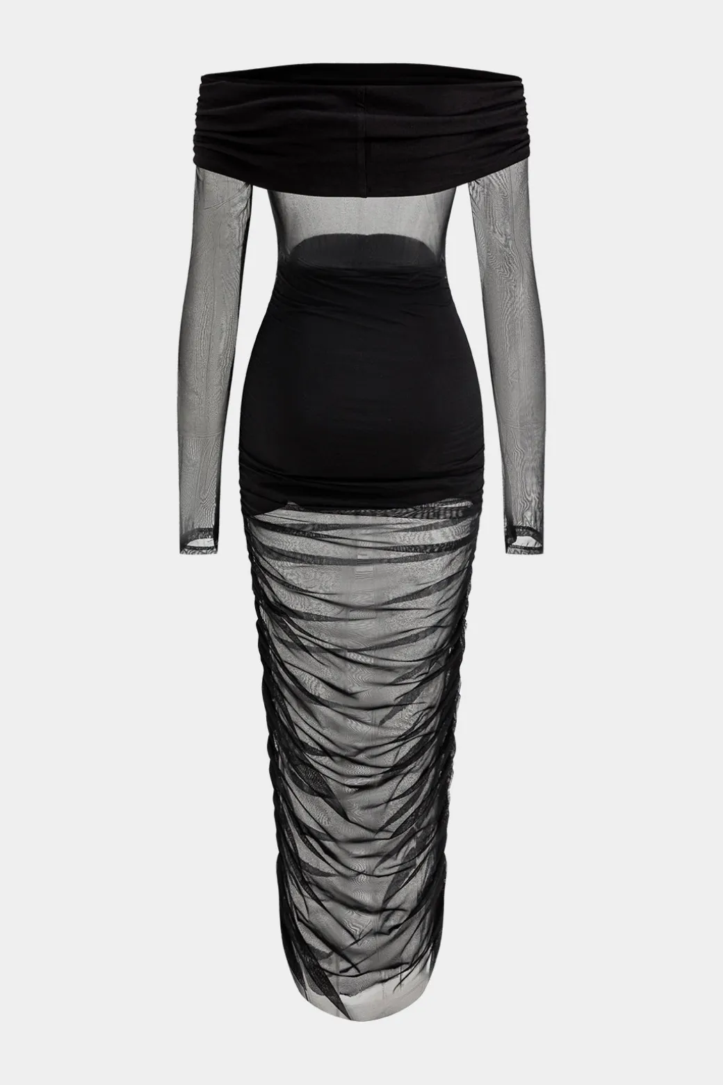 Online Mesh Patchwork Ruched Off Shoulder Long Sleeve Maxi Dress Long Sleeve Dresses | Maxi Dresses