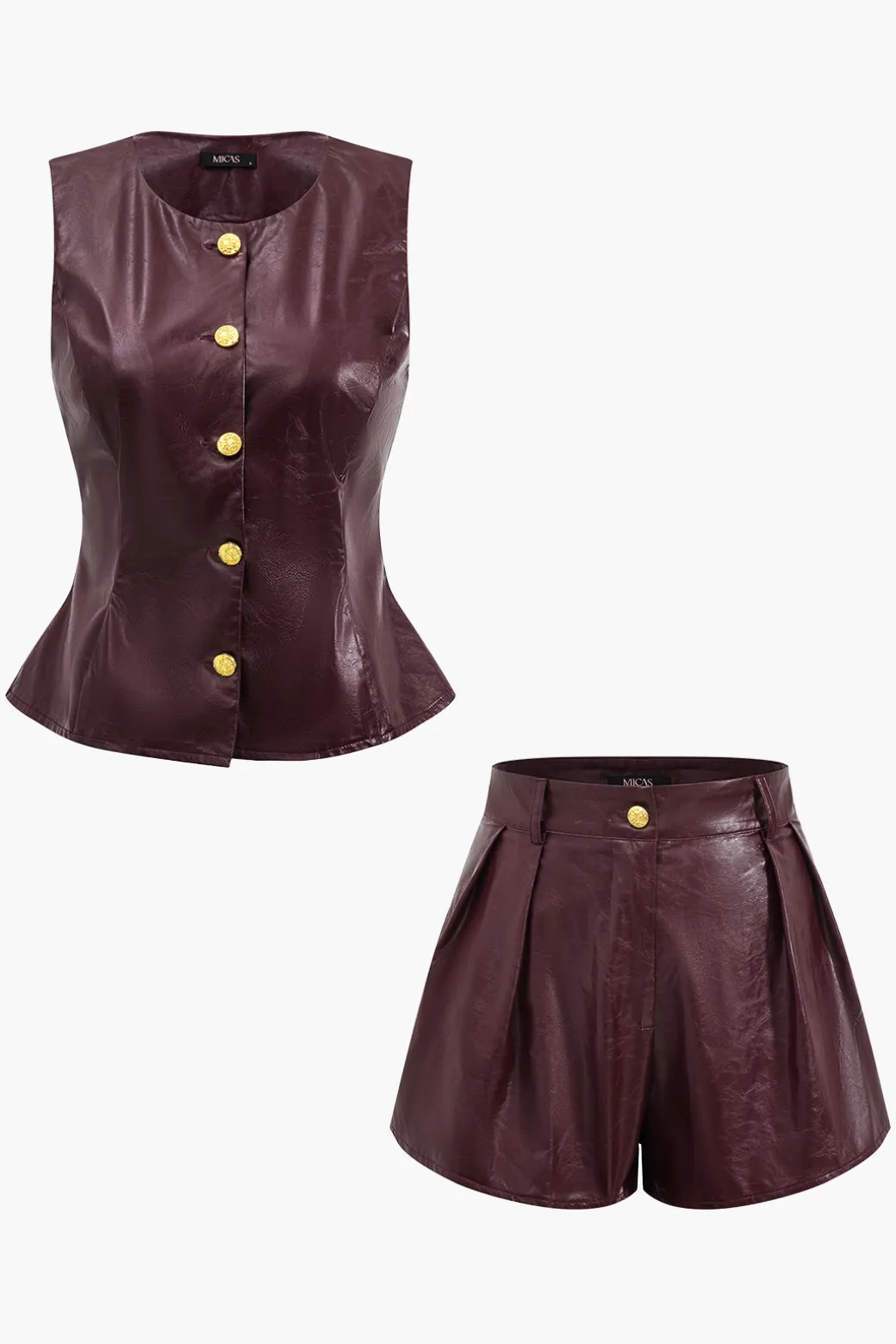 Shop Metallic Button Faux Leather Shorts Set Short Sets