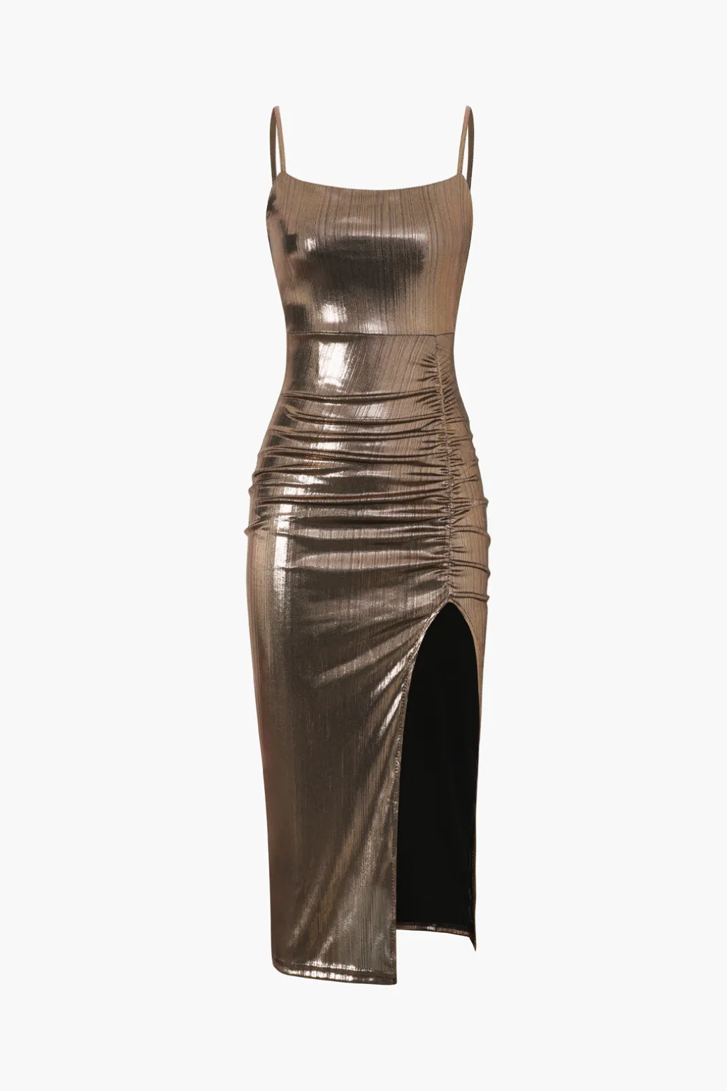 New Metallic Ruched Slit Midi Dress Midi Dresses