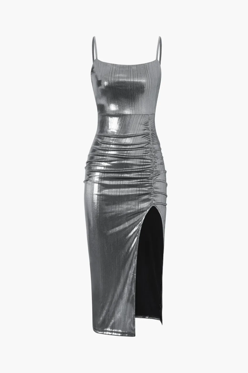 New Metallic Ruched Slit Midi Dress Midi Dresses