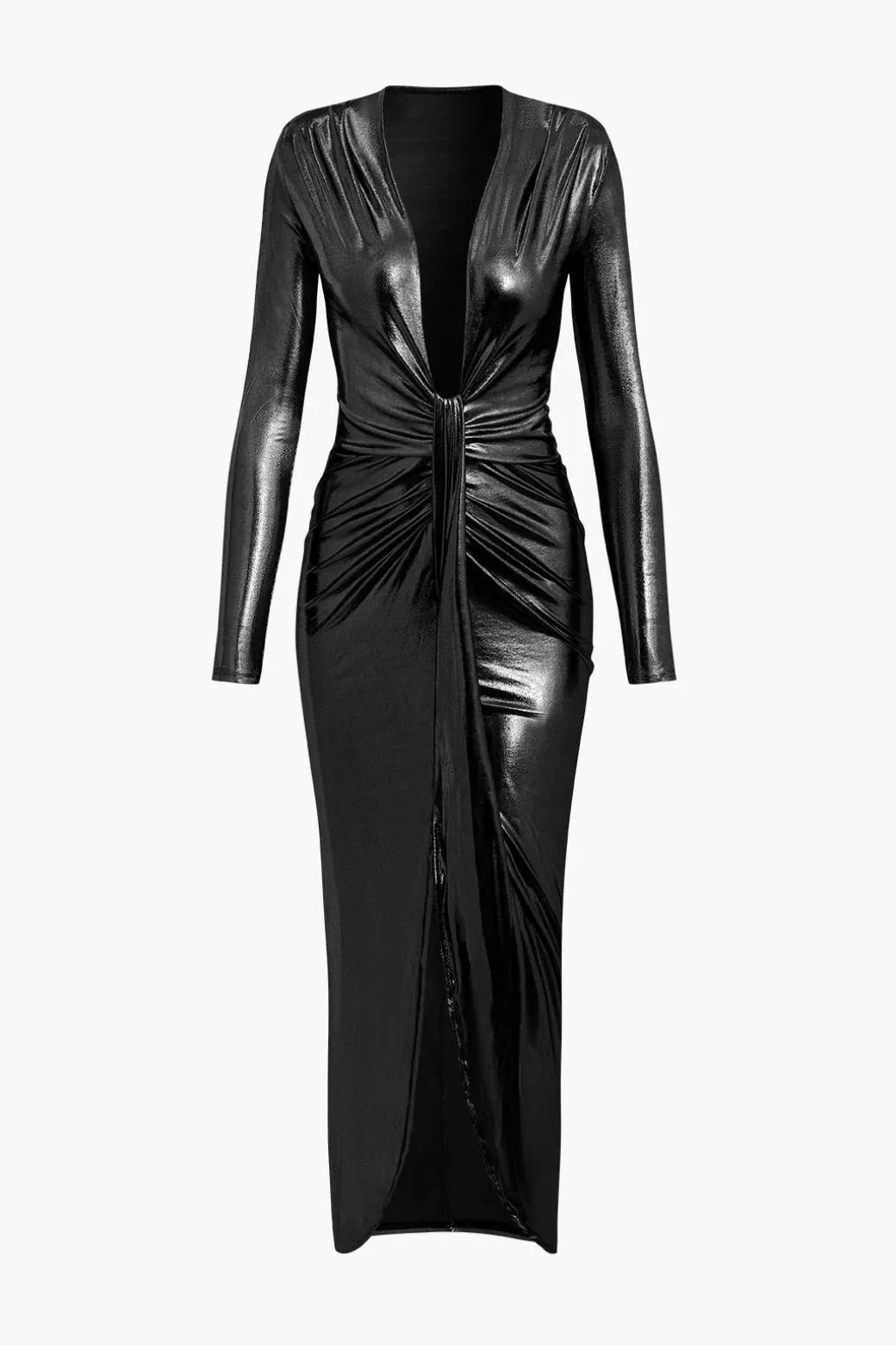 Best Metallic V-neck Ruched Slit Wrap Maxi Dress Long Sleeve Dresses | Maxi Dresses