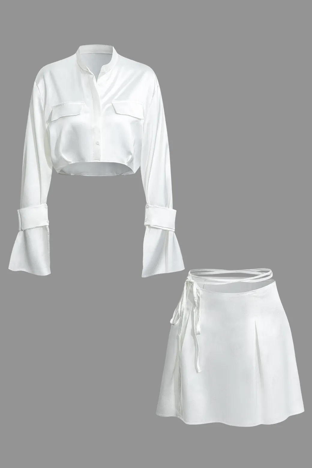 Clearance Mock Neck Button Up Bell Sleeve Crop Shirt And Mini Skirt Set Skirt Sets