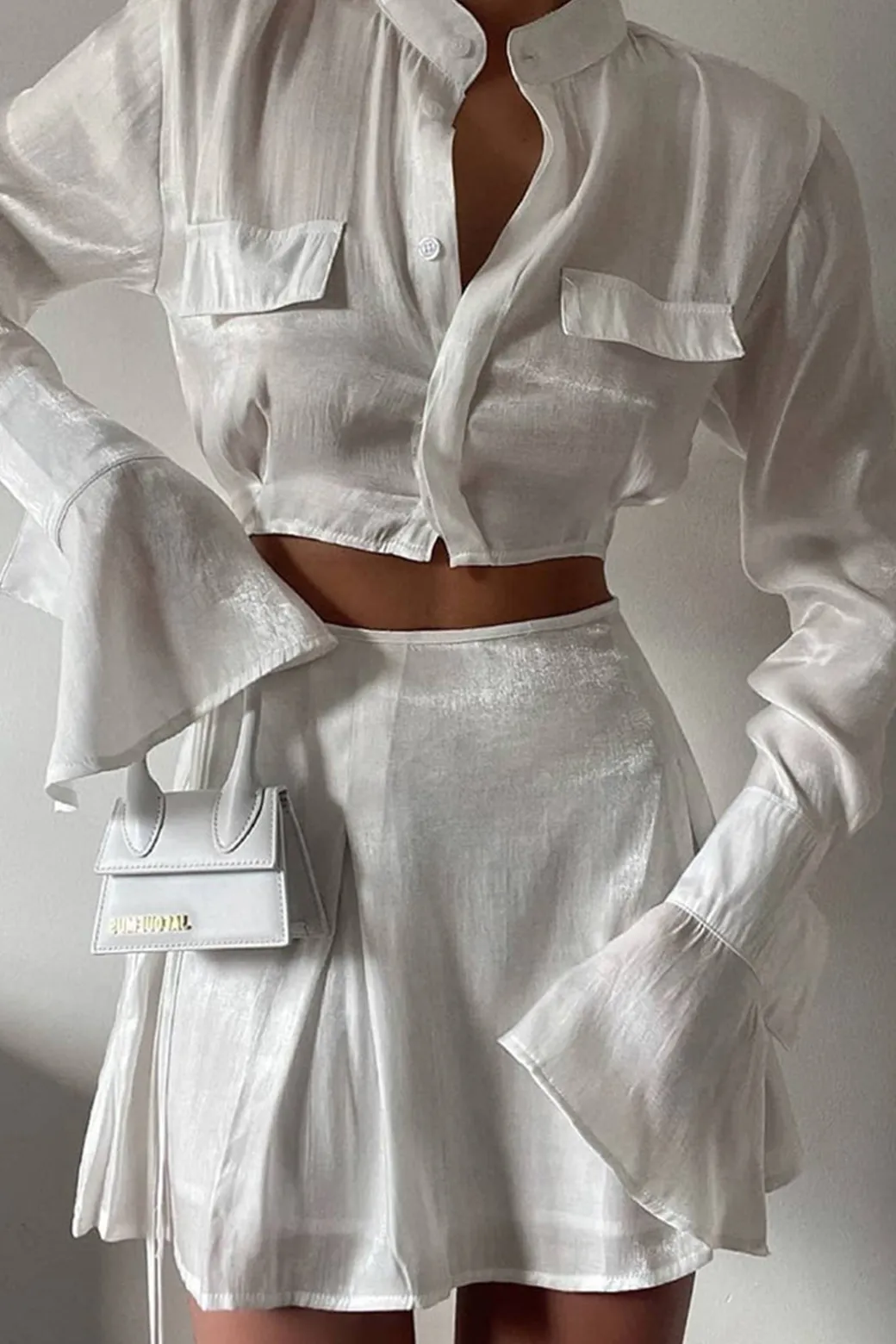Clearance Mock Neck Button Up Bell Sleeve Crop Shirt And Mini Skirt Set Skirt Sets