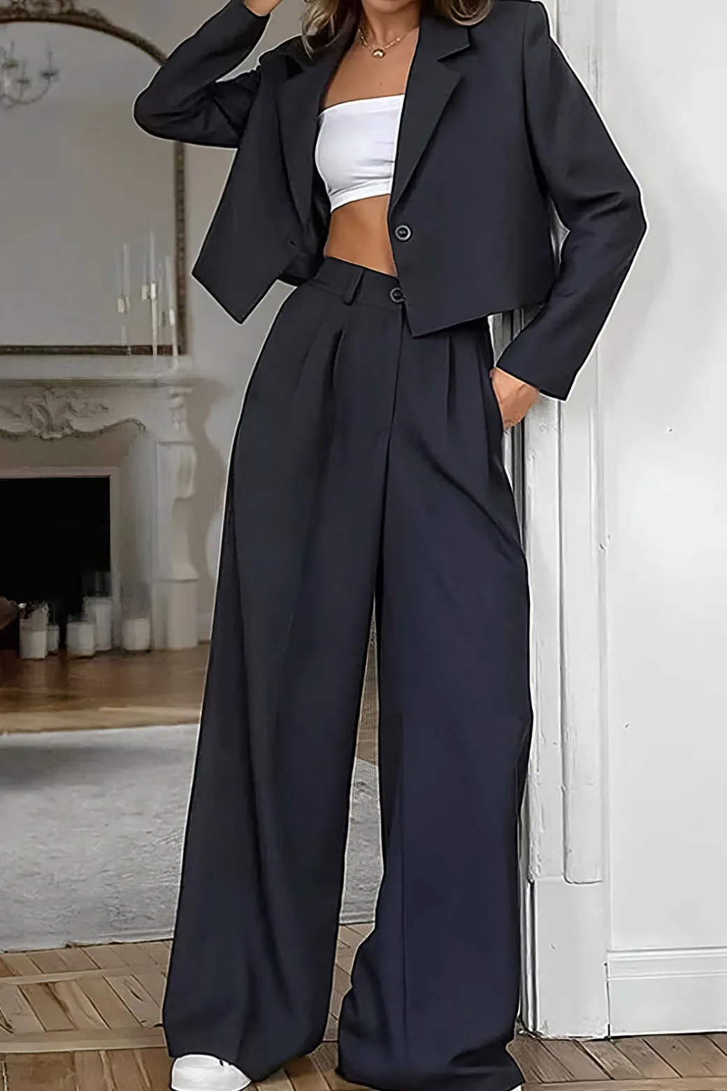 Online Notched Lapel Blazer And High Waist Trousers Set Blazers | Pant Sets