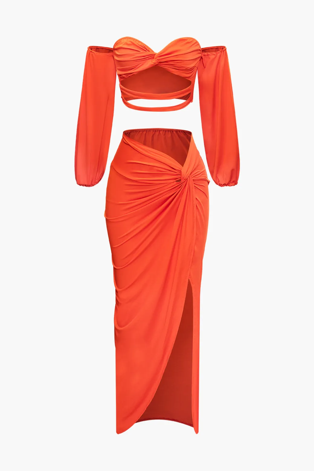 Outlet Off Shoulder Cut Out Long Sleeve Top And Twist Slit Maxi Skirt Set Skirt Sets | Vacation Sets