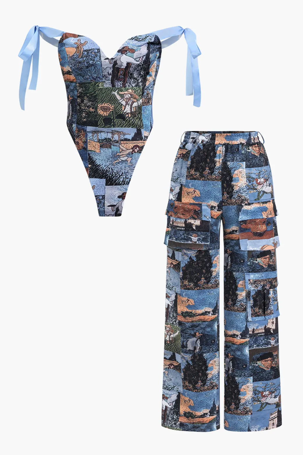Hot Oil Painting Pattern Drawstring Strappy Top And Pocket Trousers Set Pant Sets