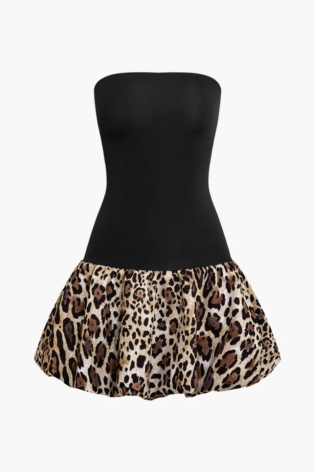 Clearance Patchwork Leopard Print Puffy Strapless Mini Dress Mini Dresses