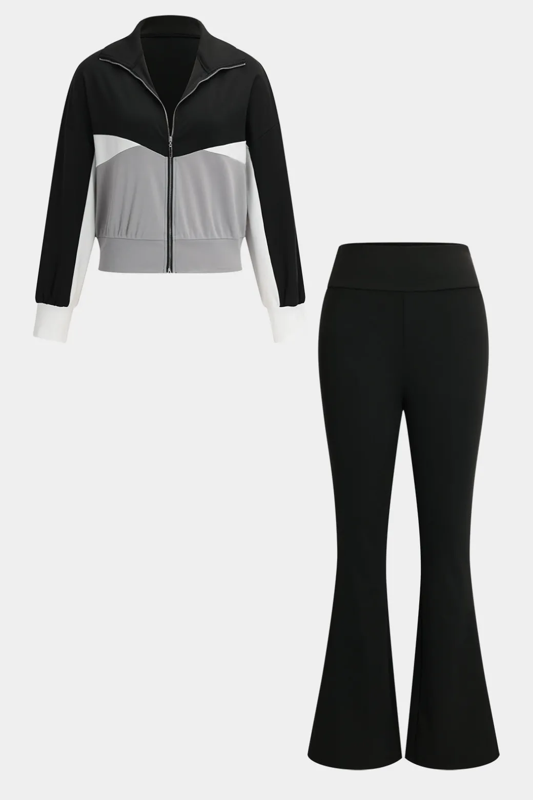 Best Sale Patchwork Zipper Jacket And Flared Leg Trousers Set Pant Sets