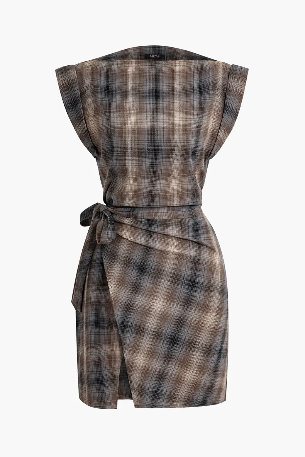 New Plaid Print Tie Front Slit Asymmetrical Mini Dress Mini Dresses