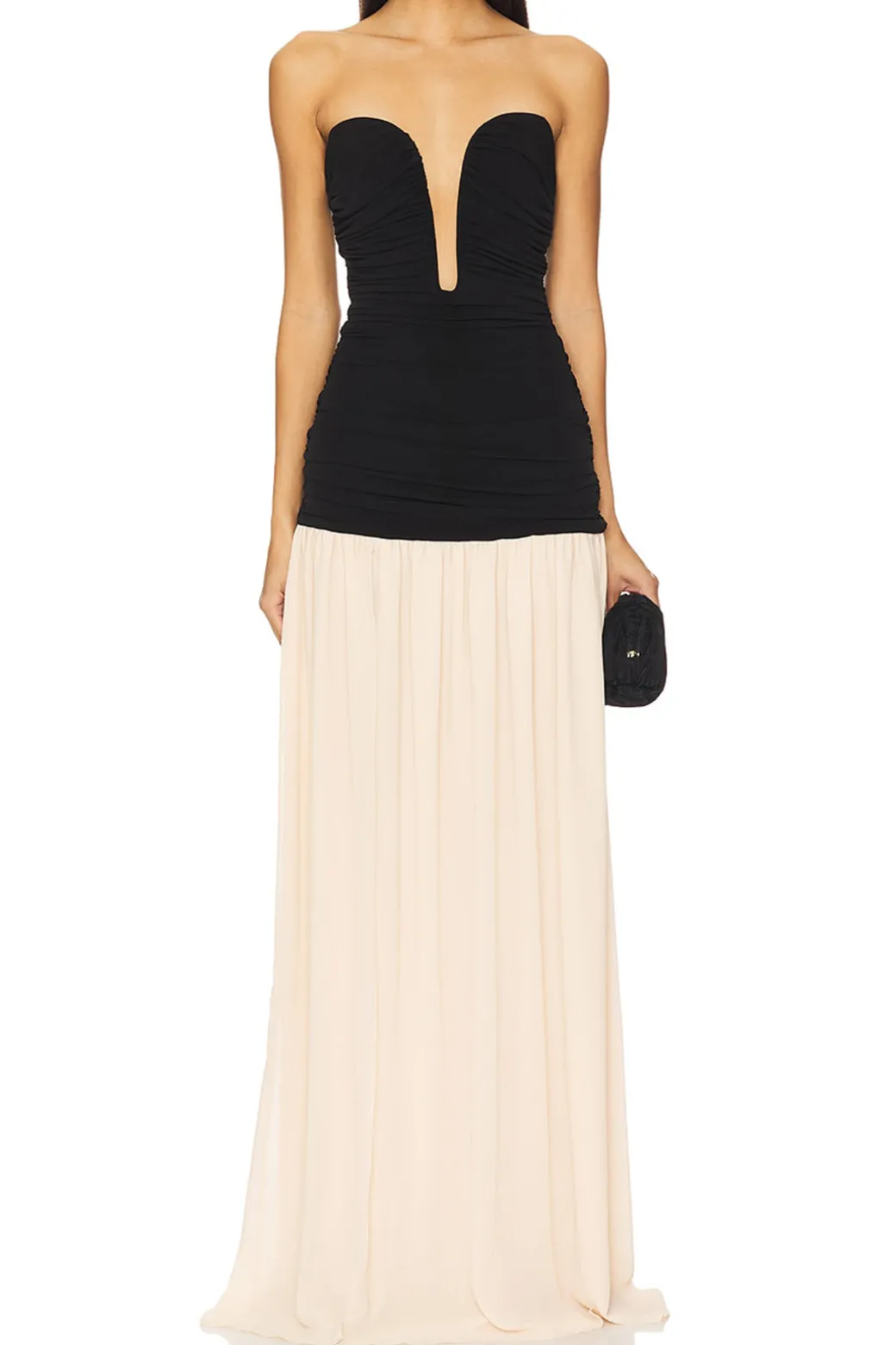 New Pleated Patchwork Slit Ruched Strapless Maxi Dress Maxi Dresses