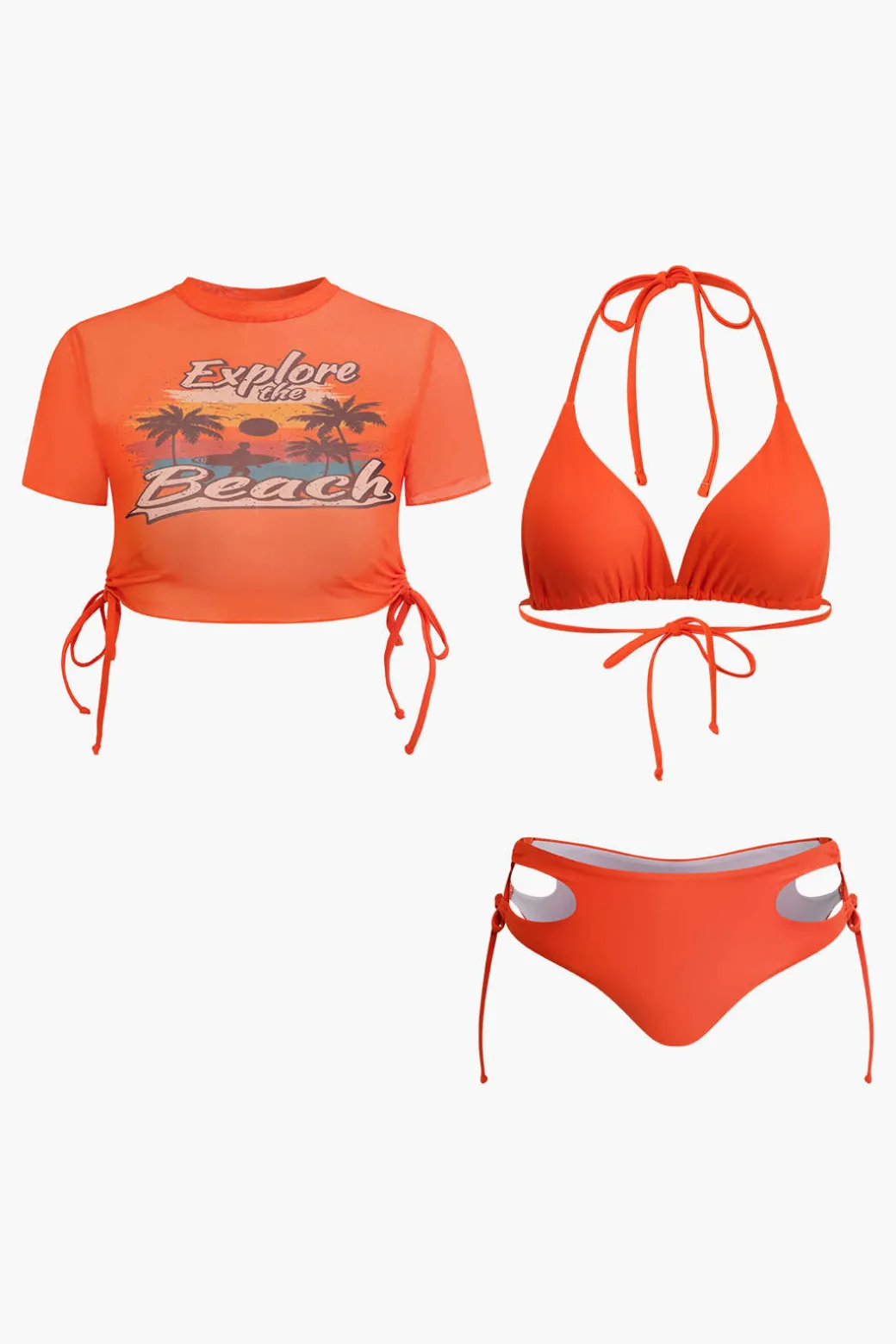 Clearance Print T-shirt And Tie Halter Bikini Set Swimwear | Vacation Sets