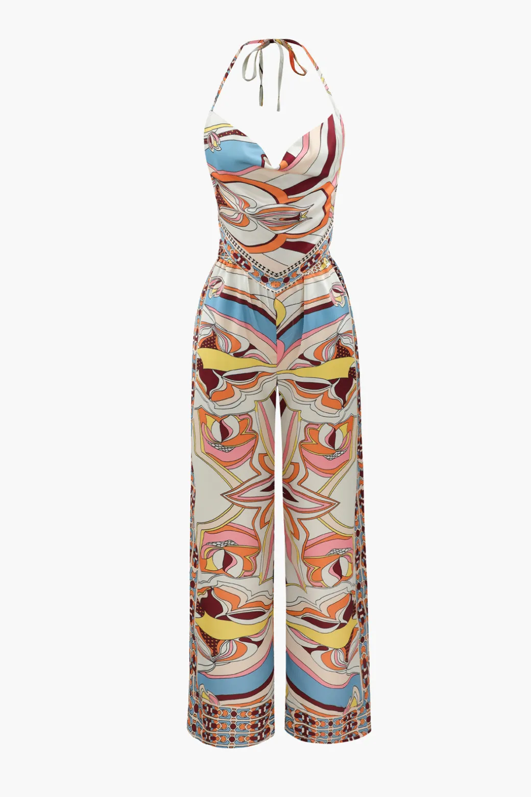Online Printed Satin Halter Tie Cami And Wide Leg Pants Set Pant Sets