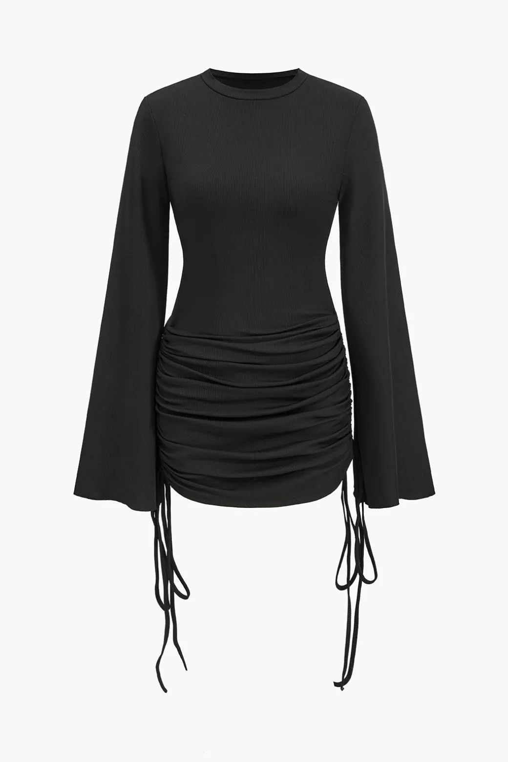 Store Round Neck Ruched Drawstring Bell Long Sleeve Mini Dress Long Sleeve Dresses | Mini Dresses