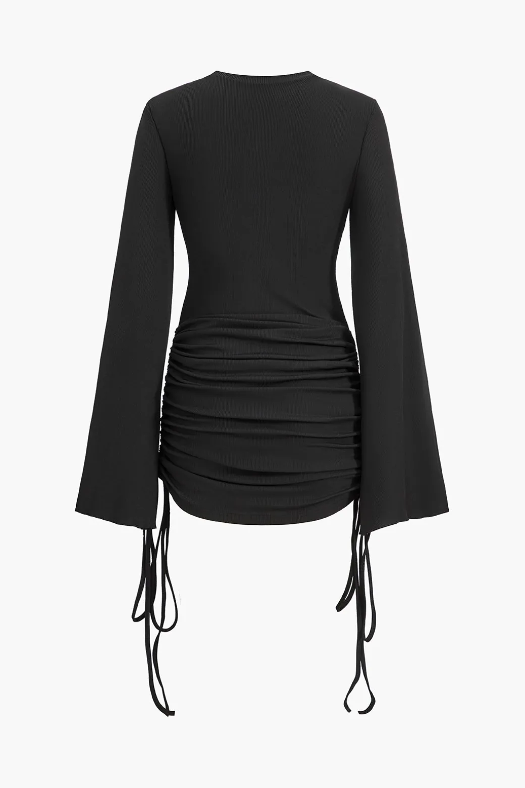 Store Round Neck Ruched Drawstring Bell Long Sleeve Mini Dress Long Sleeve Dresses | Mini Dresses