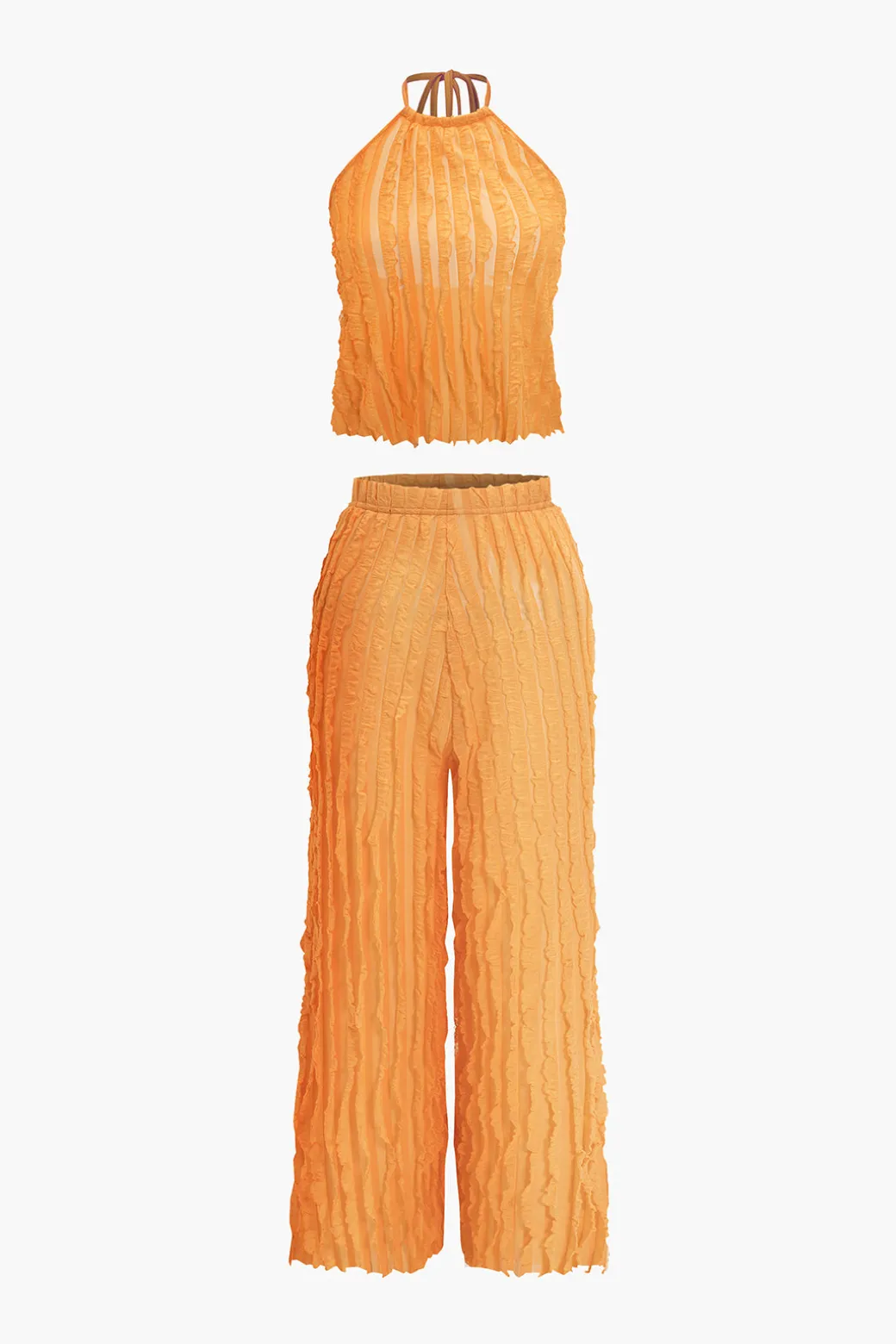 Online Ruffled Textured Halter Crop Top And Wide-Leg Pants Set Pant Sets