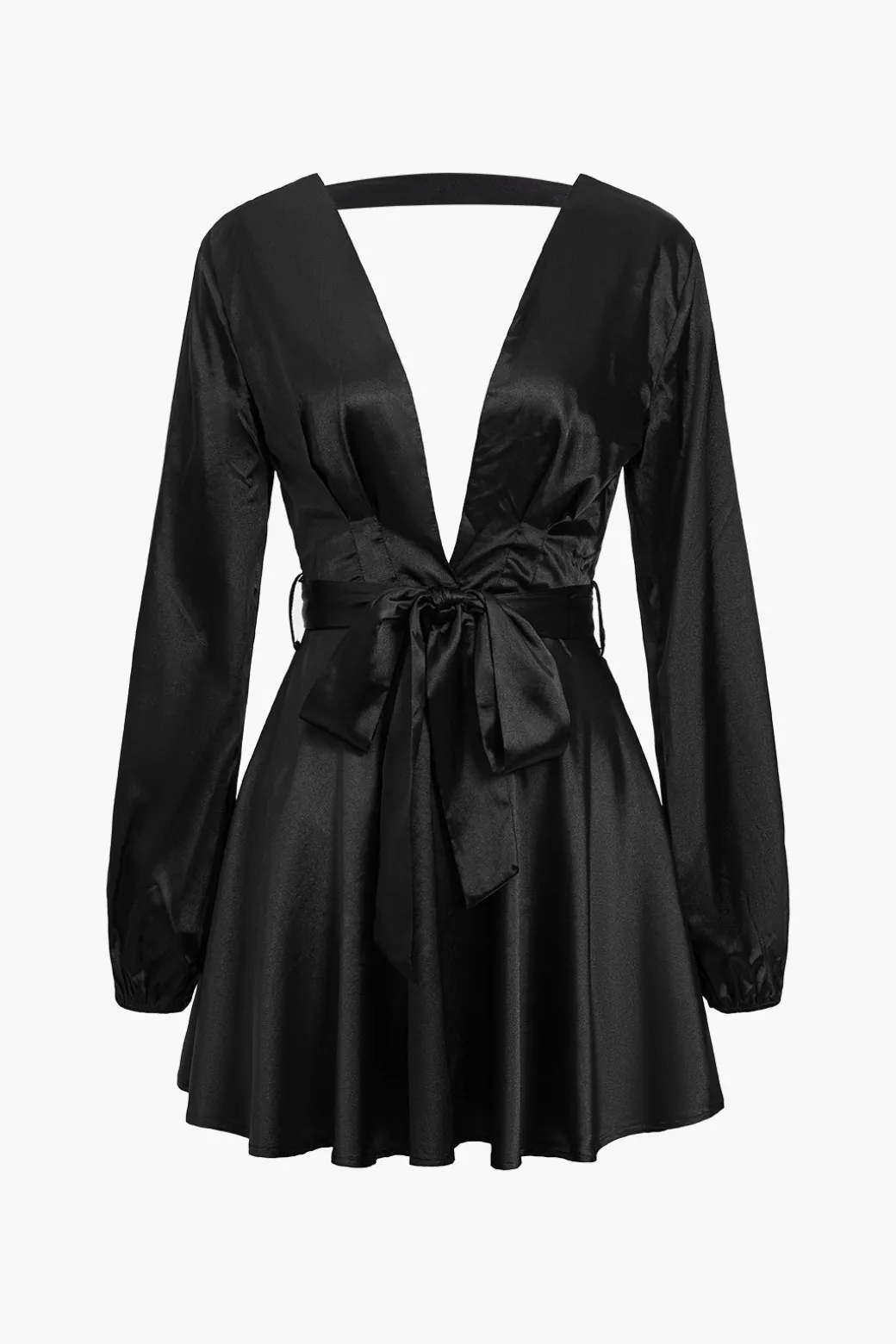 Cheap Satin Backless Belted V-neck Mini Dress Mini Dresses | Long Sleeve Dresses