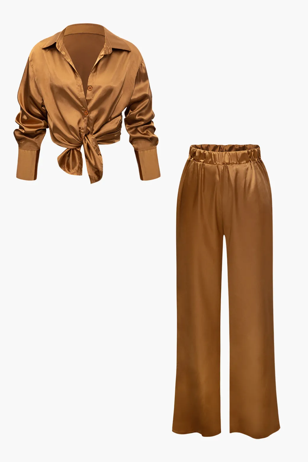 Fashion Satin Button Up Long Sleeve Shirt And Pants Set Pant Sets