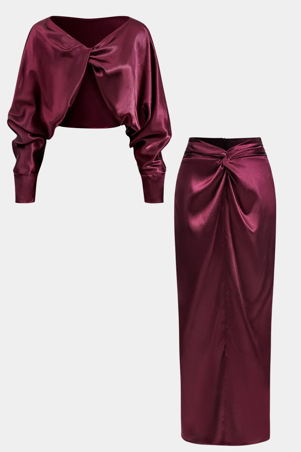 Cheap Satin Twist Knot Long Sleeve Top And Skirt Set Skirt Sets