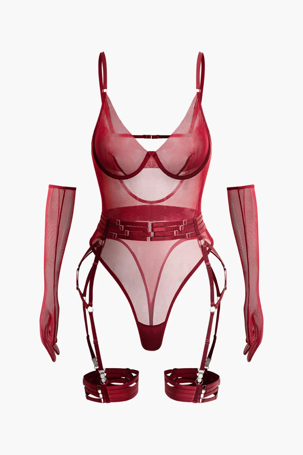 Shop Sheer Mesh Belted Backless Bodysuit With Glove Lingerie & Sleepwear