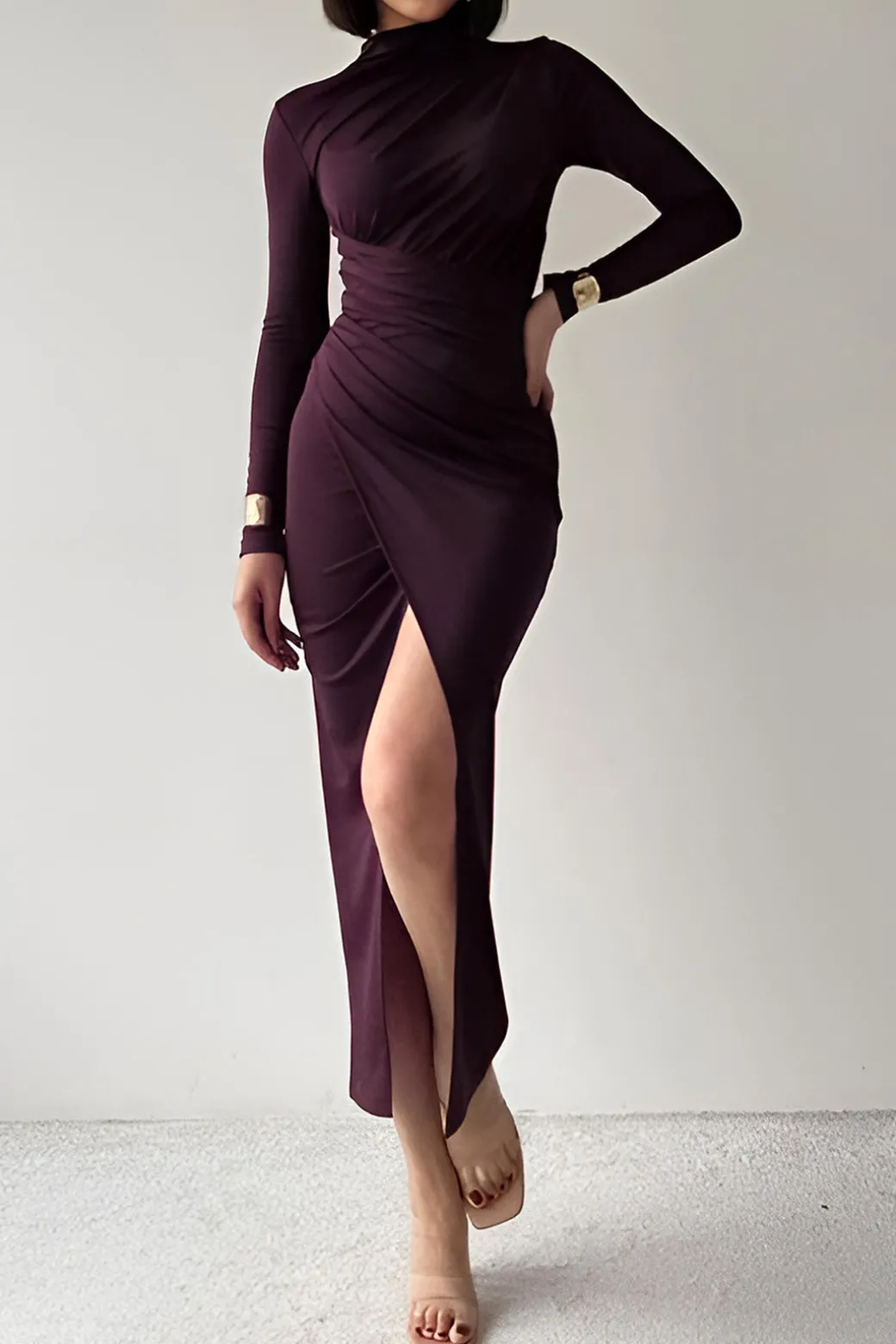 Shop Solid Asymmetrical Ruched Slit Long-Sleeve Maxi Dress Long Sleeve Dresses | Maxi Dresses