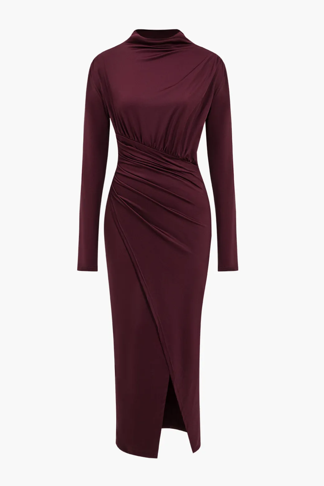 Shop Solid Asymmetrical Ruched Slit Long-Sleeve Maxi Dress Long Sleeve Dresses | Maxi Dresses