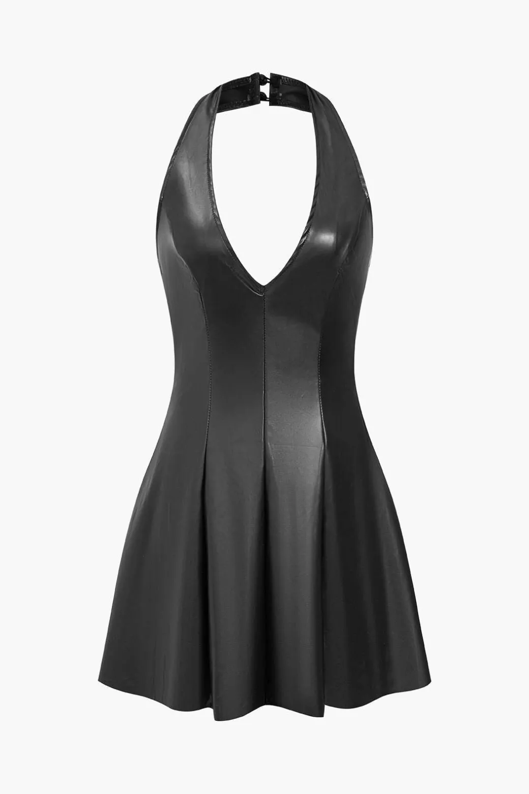Flash Sale Solid Backless Halter Faux Leather Mini Dress Mini Dresses