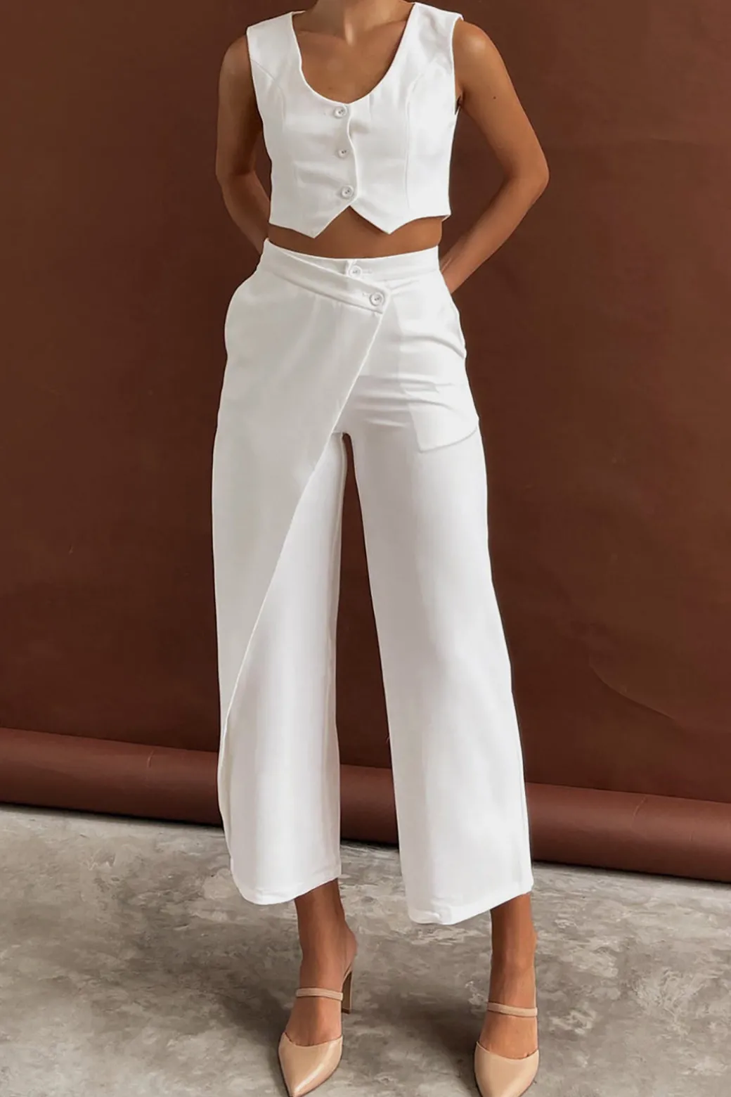 Clearance Solid Button Up Crop Vest And Asymmetrical Trouser Set Pant Sets | Vacation Sets