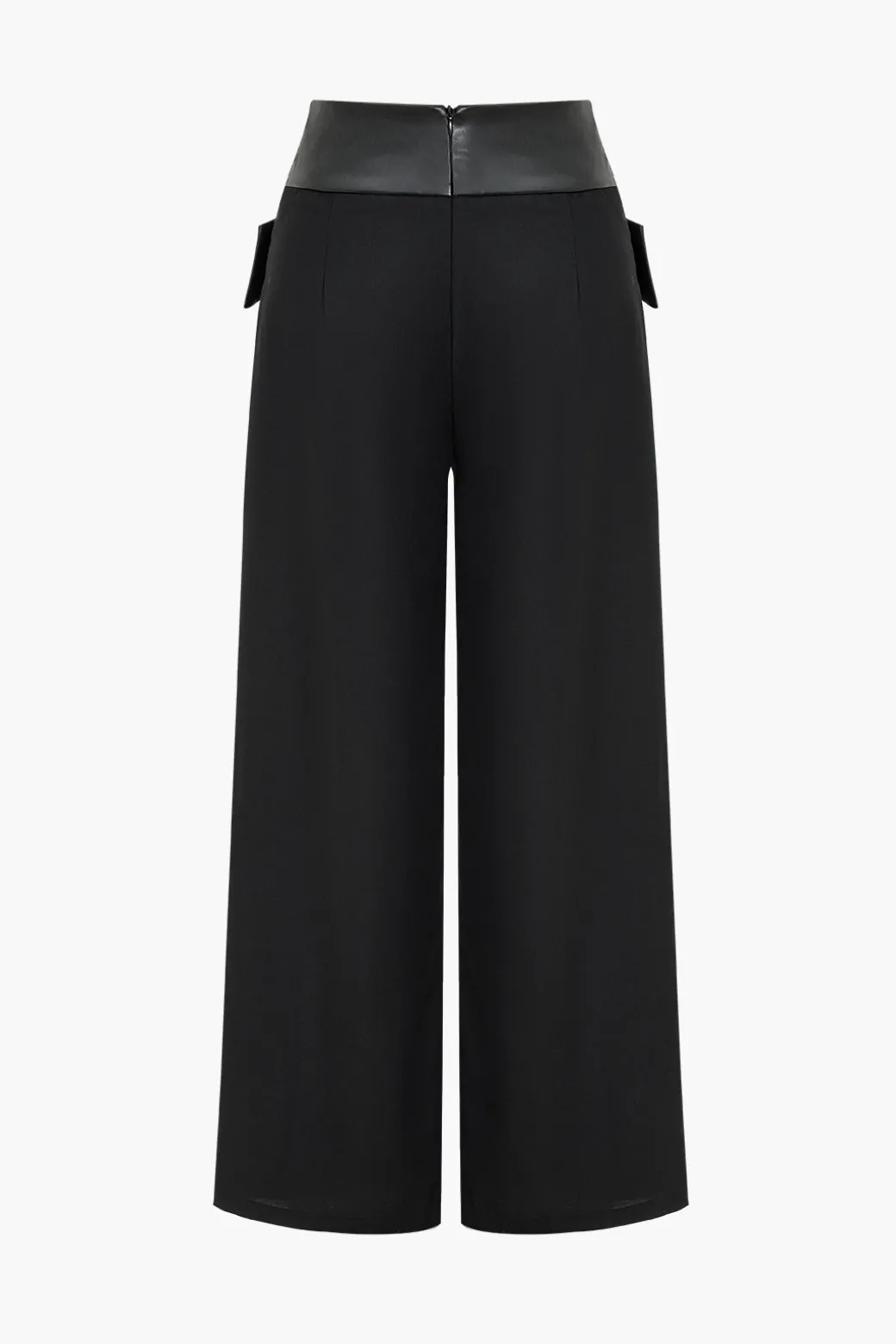 New Solid Faux Leather Patchwork High Waist Crossed Pocket Trousers Pants