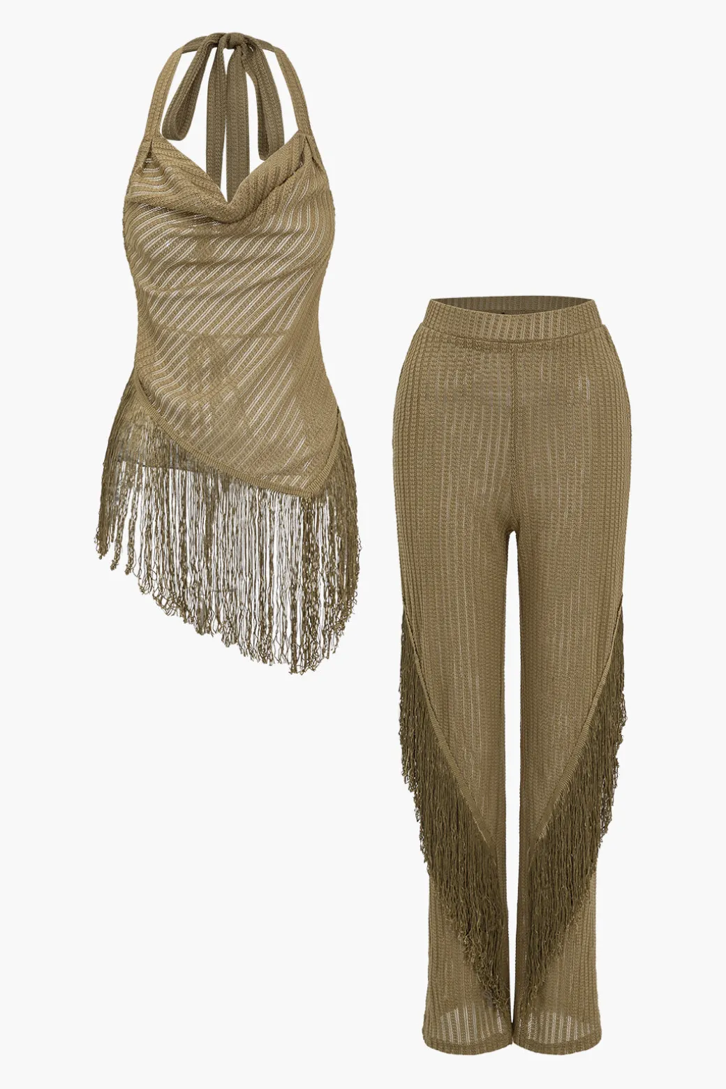 Best Solid Fringe Backless Asymmetrical Trouser Set Pant Sets