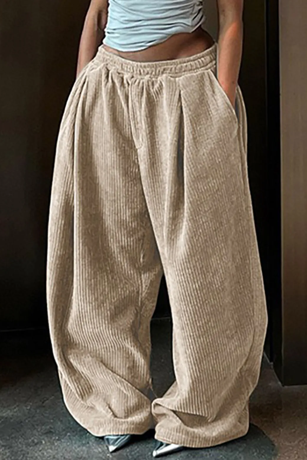 Clearance Solid Pleated Wide Leg Pants Pants