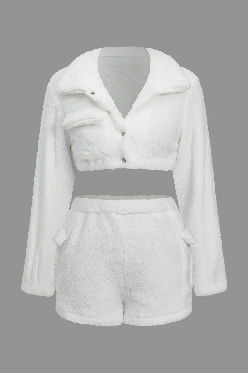 Hot Solid Plush Button Pocket Shirt And Shorts Set Short Sets