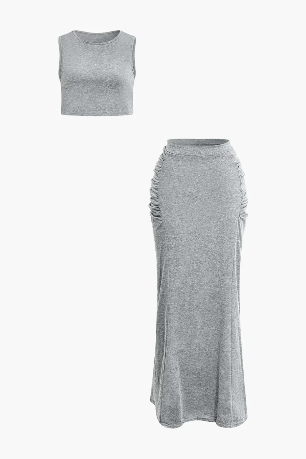 Store Solid Tank Top And Ruched Maxi Skirt Set Skirt Sets