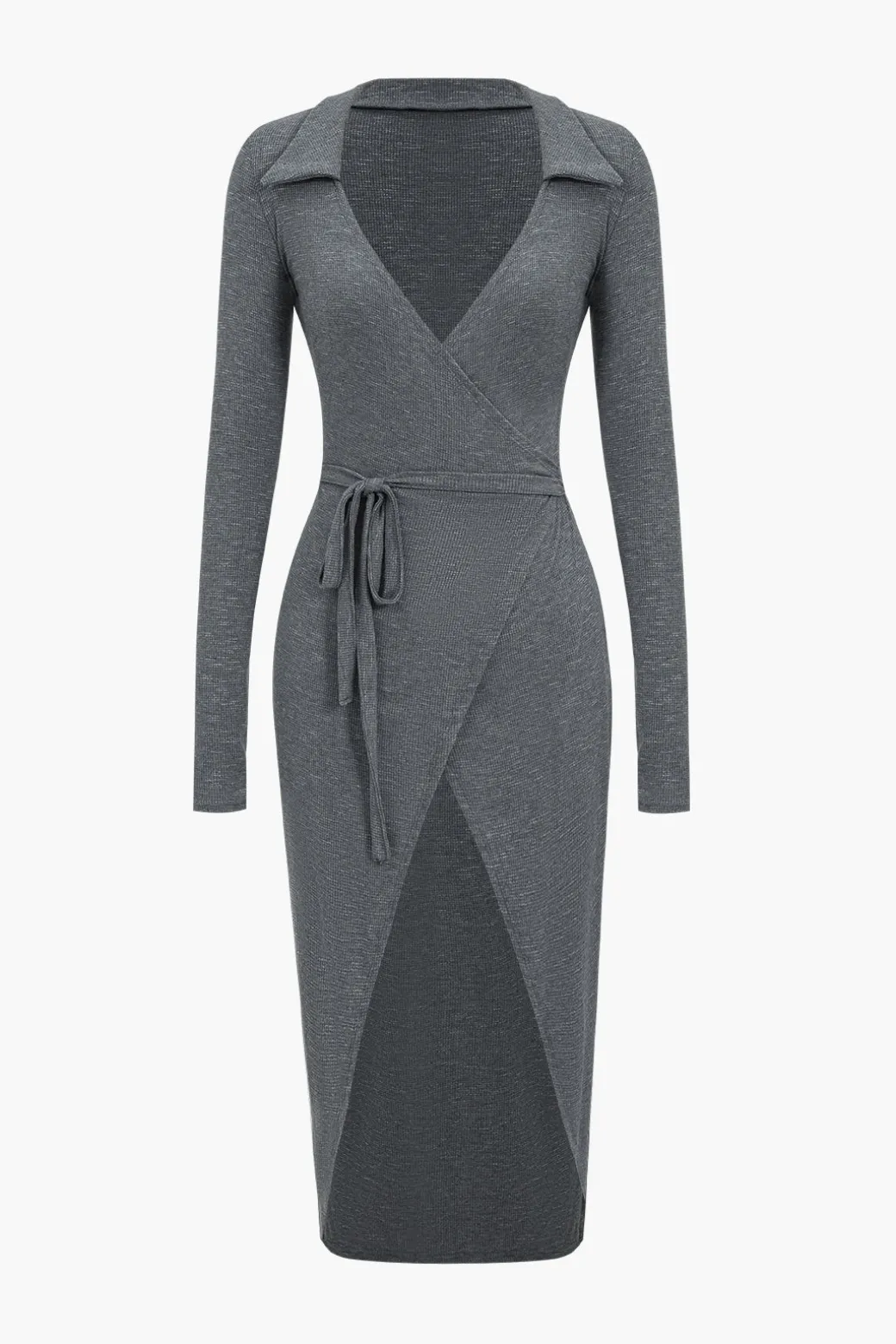 Best Sale Solid Tie Front Long Sleeve Midi Dress Long Sleeve Dresses | Midi Dresses