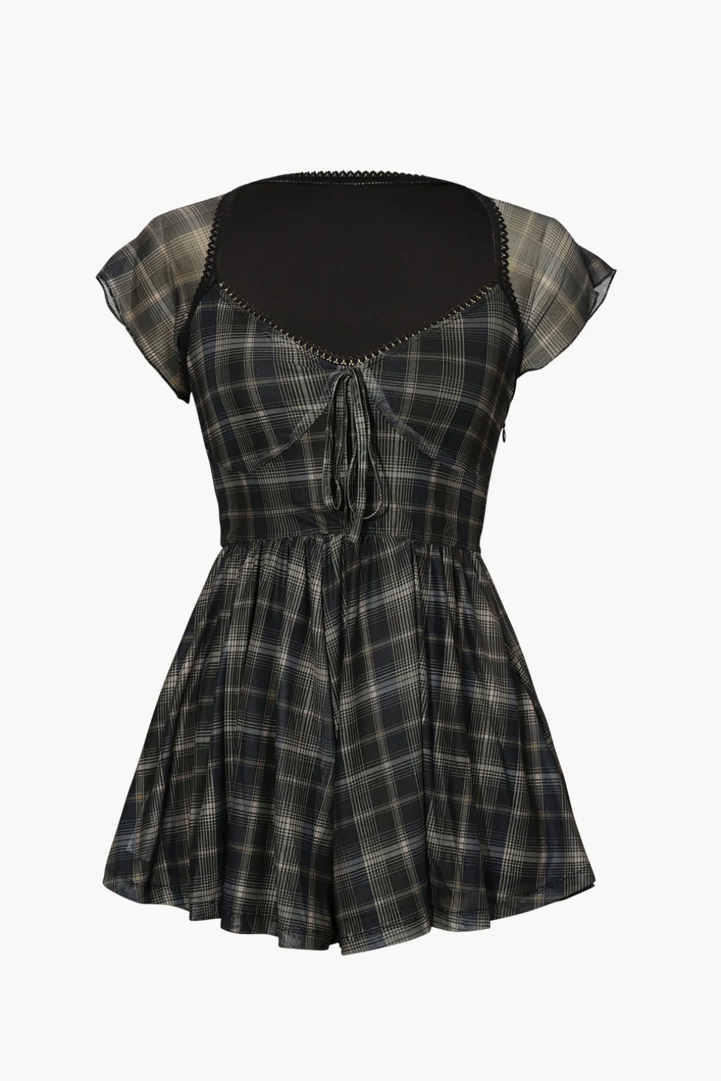 Outlet Square Neck Short Flutter Sleeve Checkered Vintage Playsuit Jumpsuits & Rompers