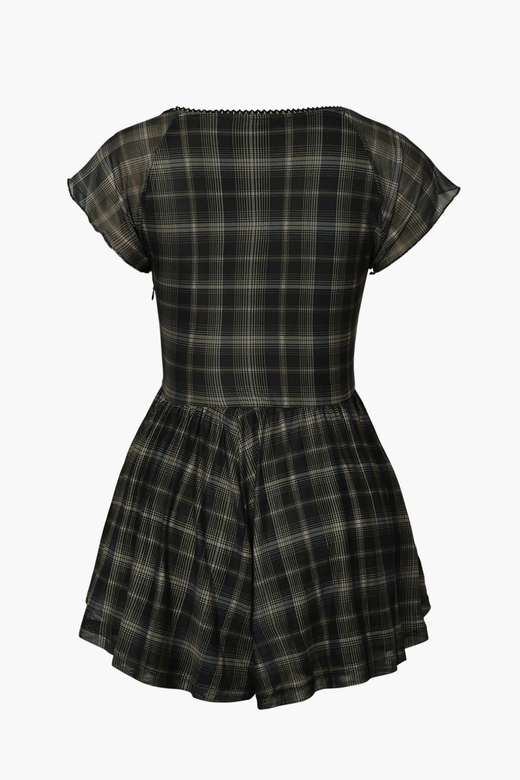 Outlet Square Neck Short Flutter Sleeve Checkered Vintage Playsuit Jumpsuits & Rompers