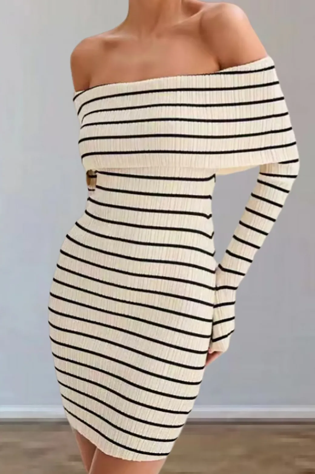 Best Sale Stripe Print Knit Wrap Off Shoulder Dress Long Sleeve Dresses | Knit Dresses