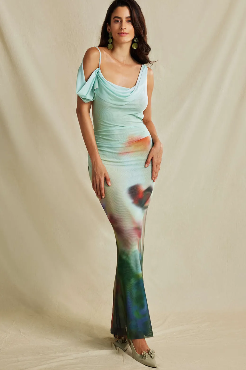 Best Tie Dye Mesh Backless Asymmetric Cowl Neck Maxi Dress Maxi Dresses