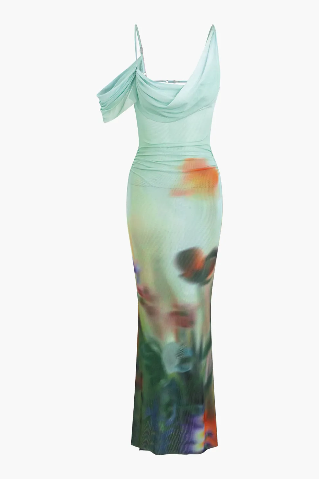 Best Tie Dye Mesh Backless Asymmetric Cowl Neck Maxi Dress Maxi Dresses