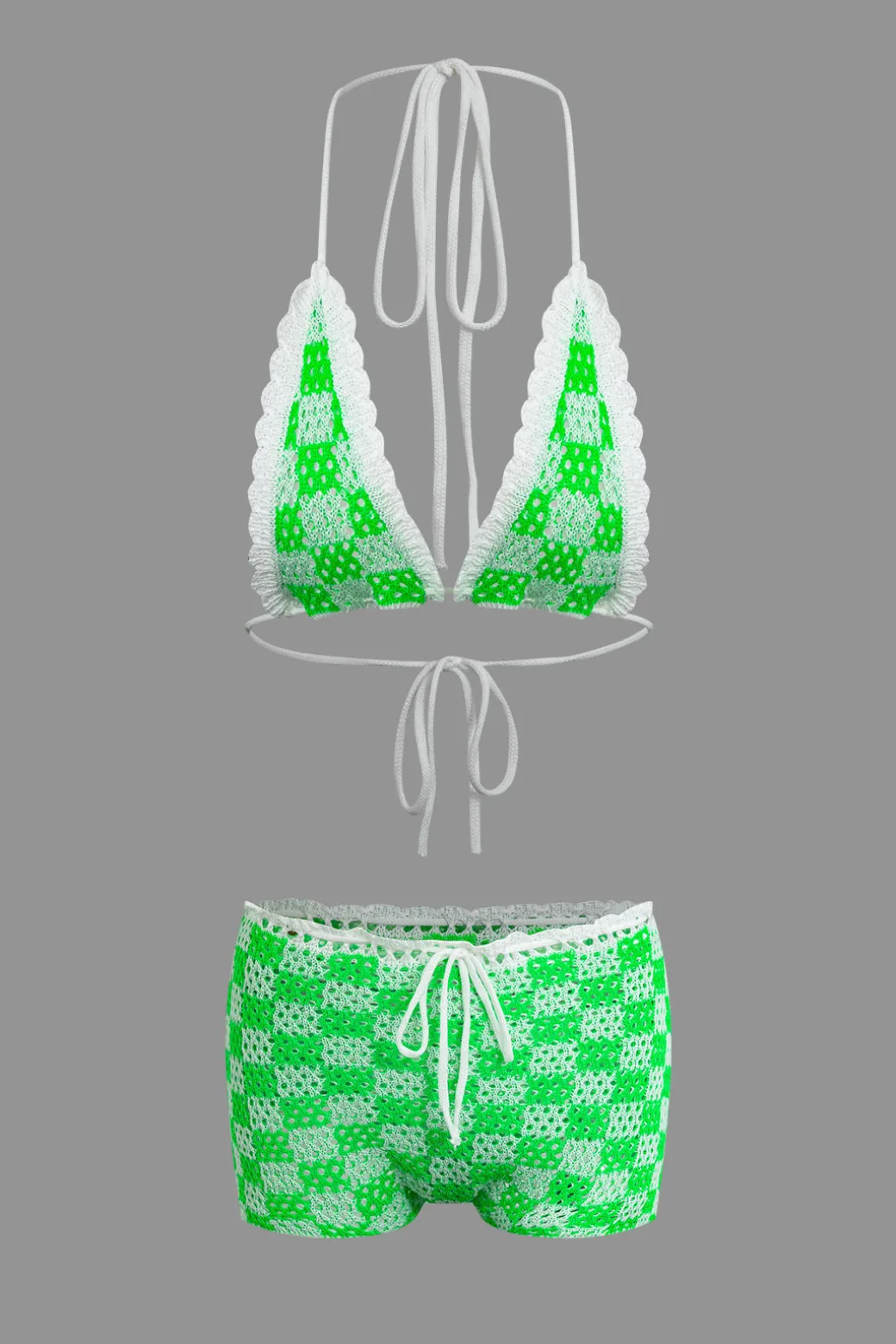 Clearance Tie Halter Crochet Open Knit Cami Top And Shorts Set Short Sets