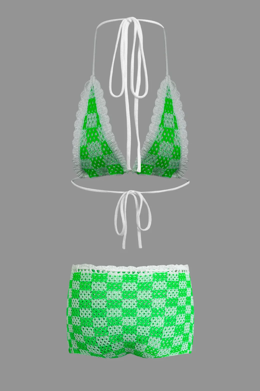 Clearance Tie Halter Crochet Open Knit Cami Top And Shorts Set Short Sets