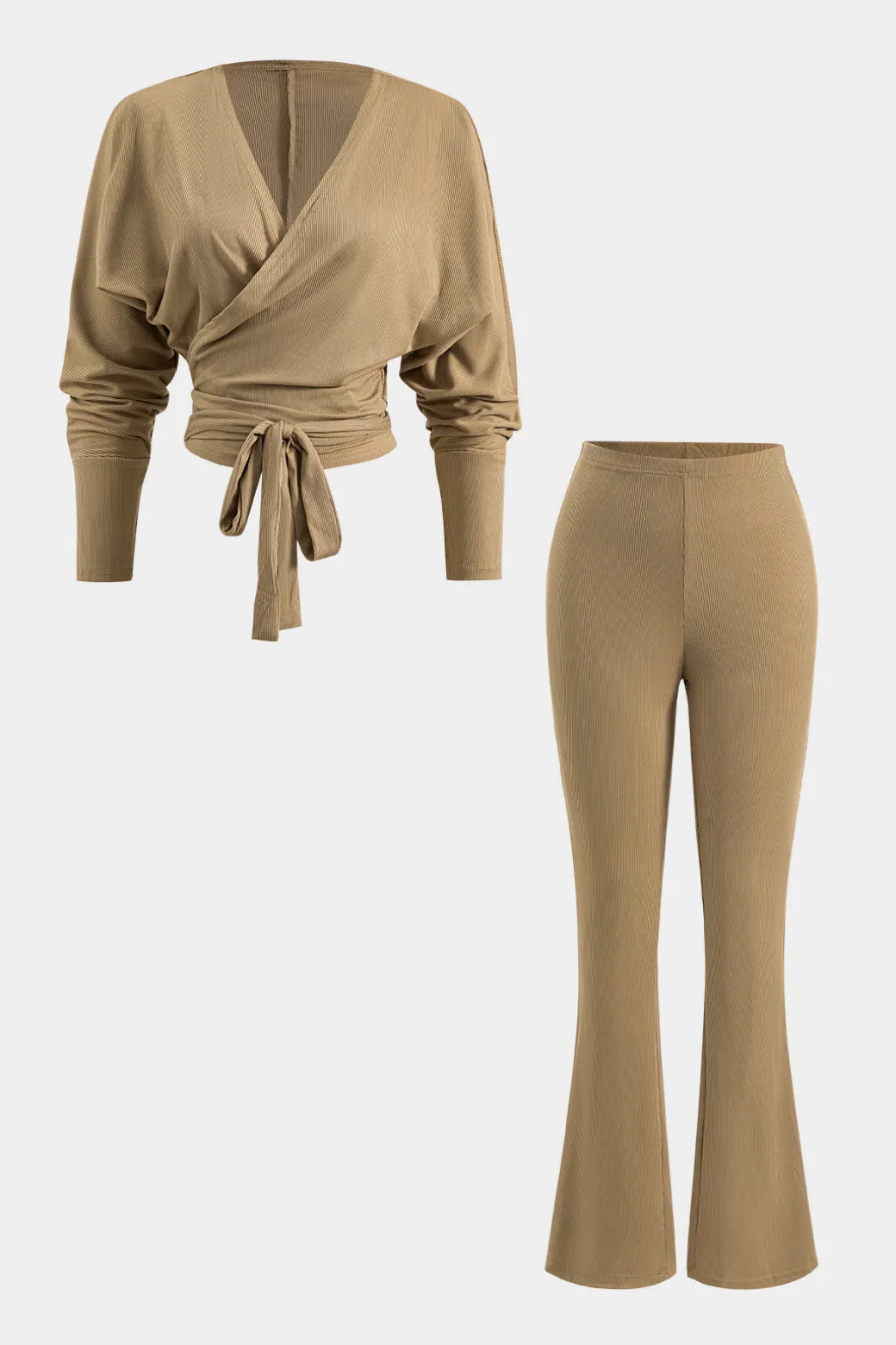 Store Tie-Up Asymmetrical V-Neck Long-Sleeve And Trousers Set Pant Sets