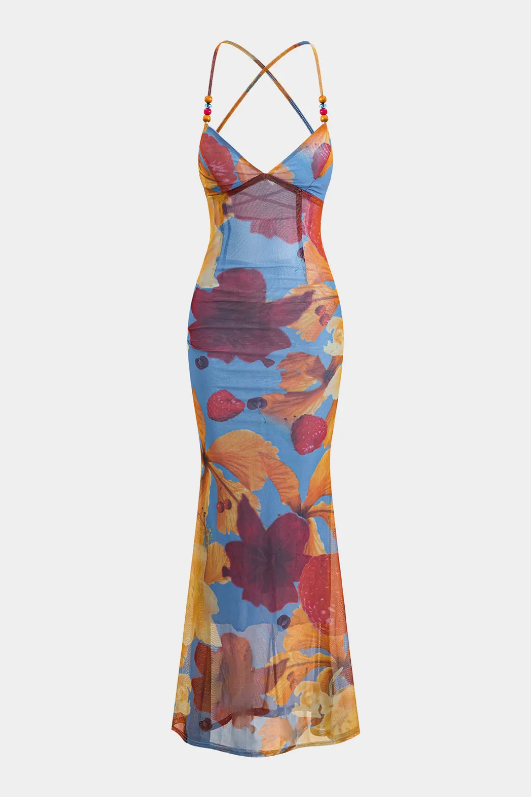 Online Tropical Floral Print Mesh Backless Maxi Dress Maxi Dresses