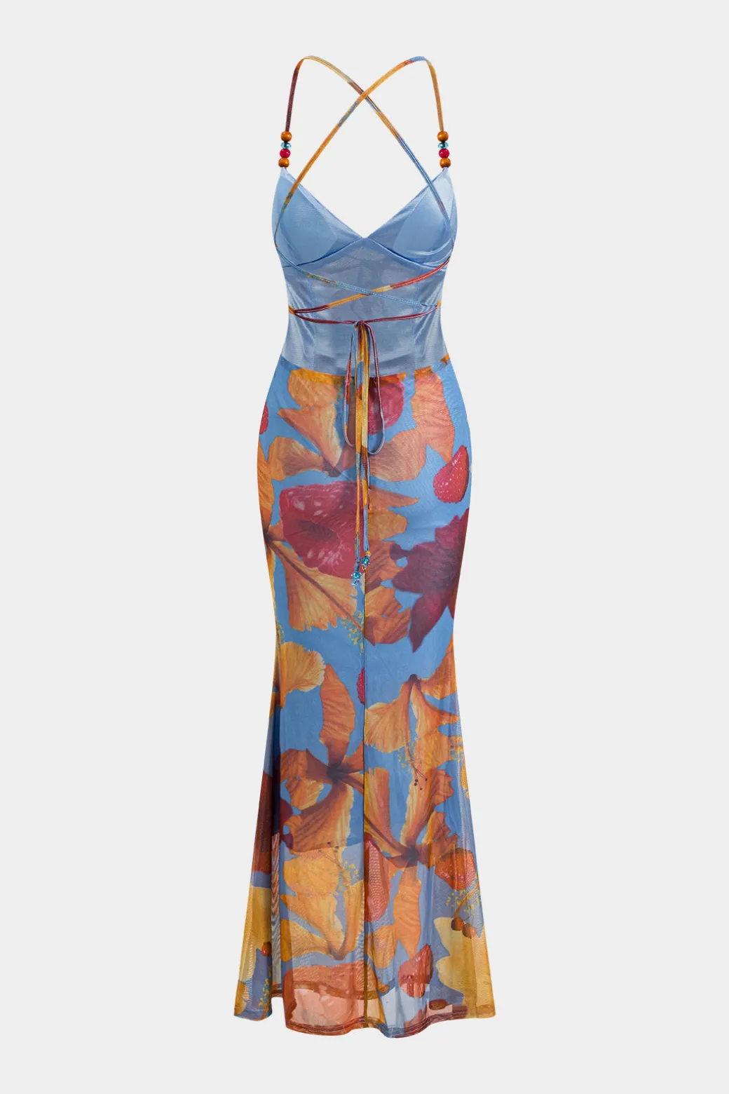 Online Tropical Floral Print Mesh Backless Maxi Dress Maxi Dresses