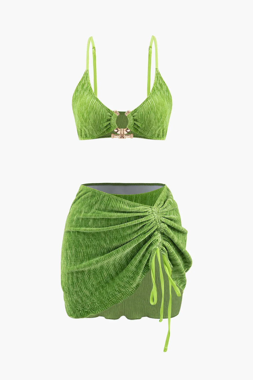 Outlet Velvet Textured U-ring Bikini And Sarong 3pc Set Swimwear | Vacation Sets