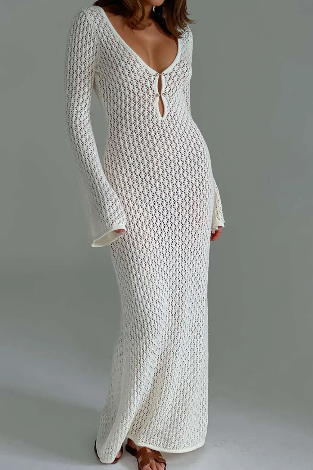 Best Sale V-neck Crochet Open Knit Long Sleeve Maxi Dress Long Sleeve Dresses | Knitwear