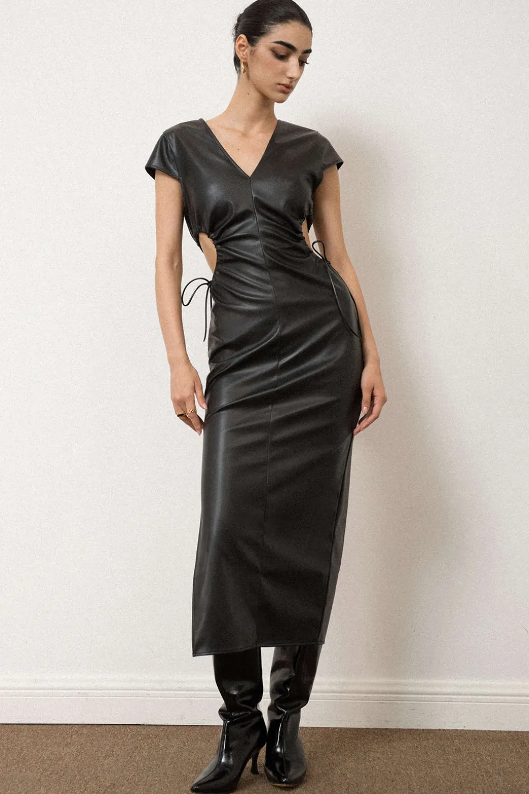 Shop V-neck Faux Leather Cut Out Drawstring Midi Dress Maxi Dresses